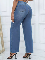 Back view of medium-blue wide-leg jeans with rear pockets