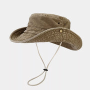 Camel wide-brim bucket hat with eyelets and chin cord