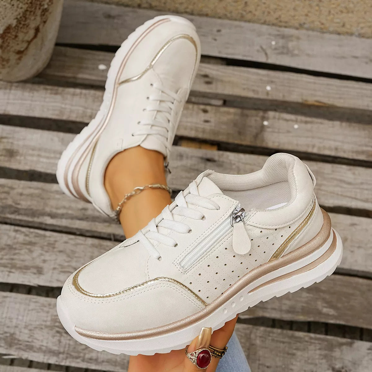 White sneakers viewed from above