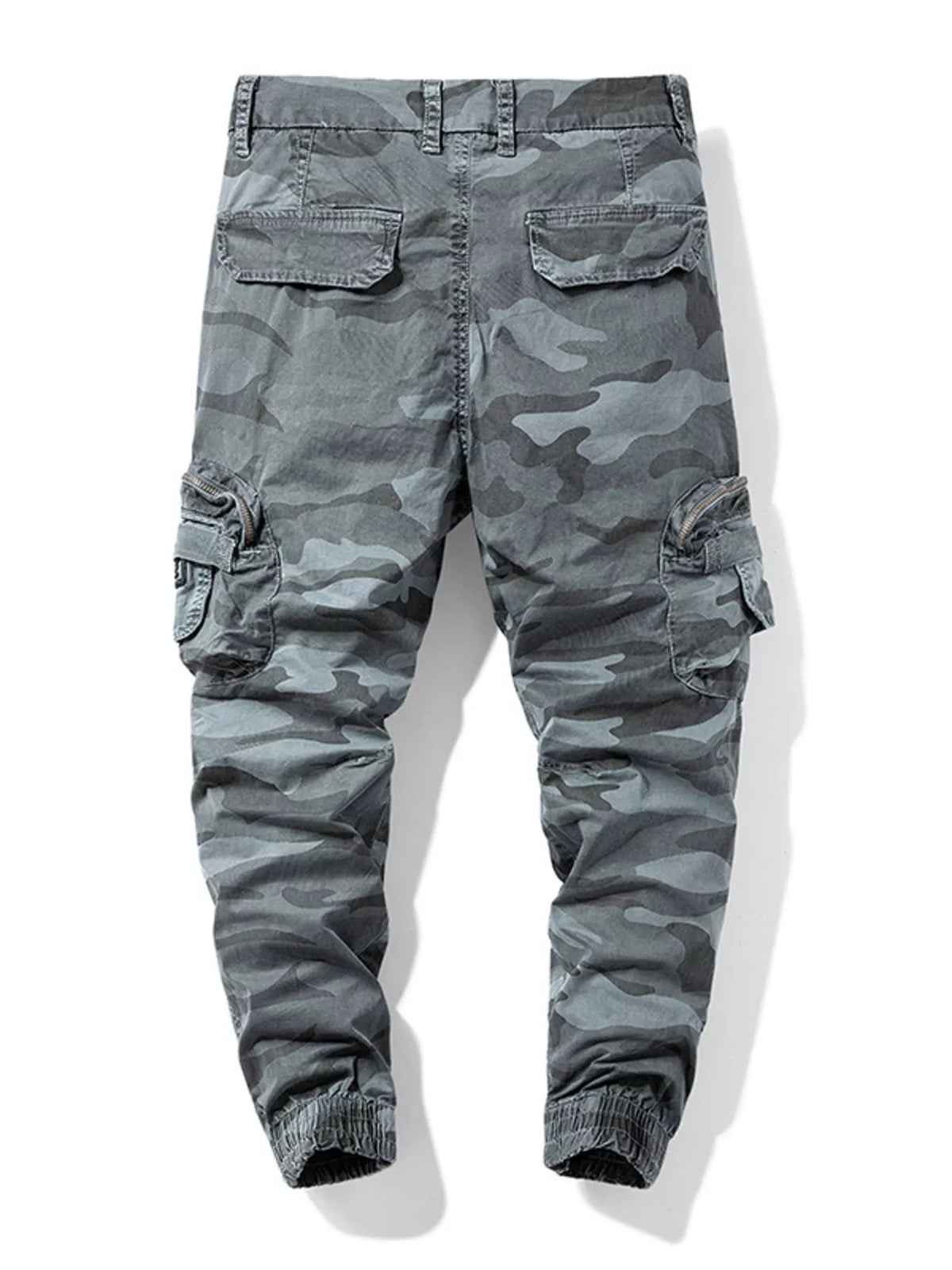 Gray camouflage cargo pants, back view with rear flap pockets
