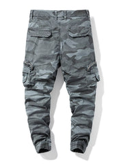 Gray camouflage cargo pants, back view with rear flap pockets