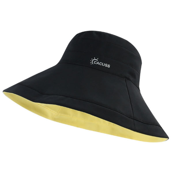 Black wide-brim sun hat with a pale yellow underside to the brim.