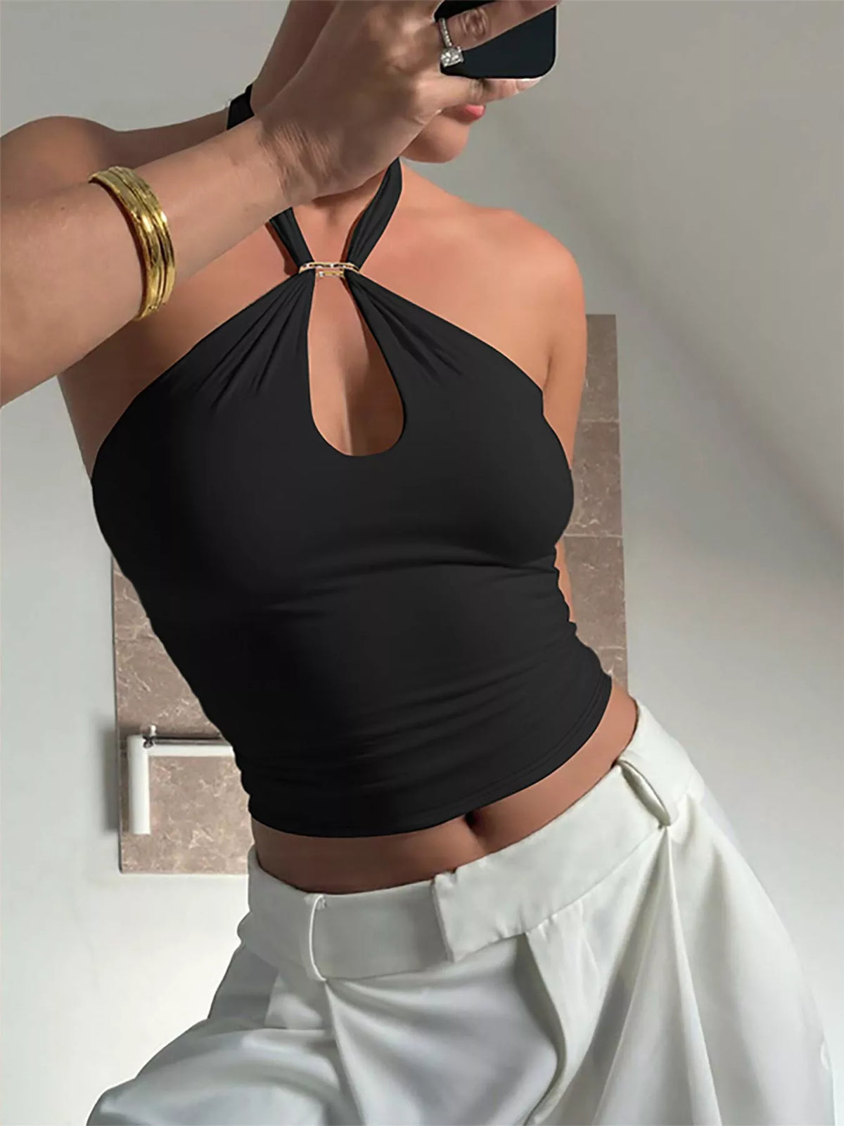 Black halter cami with keyhole neckline, front view