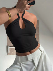 Black halter cami with keyhole neckline, front view