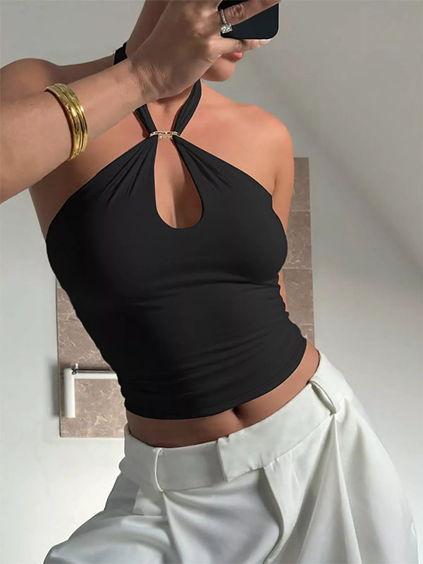 Black halter cami with keyhole neckline, front view