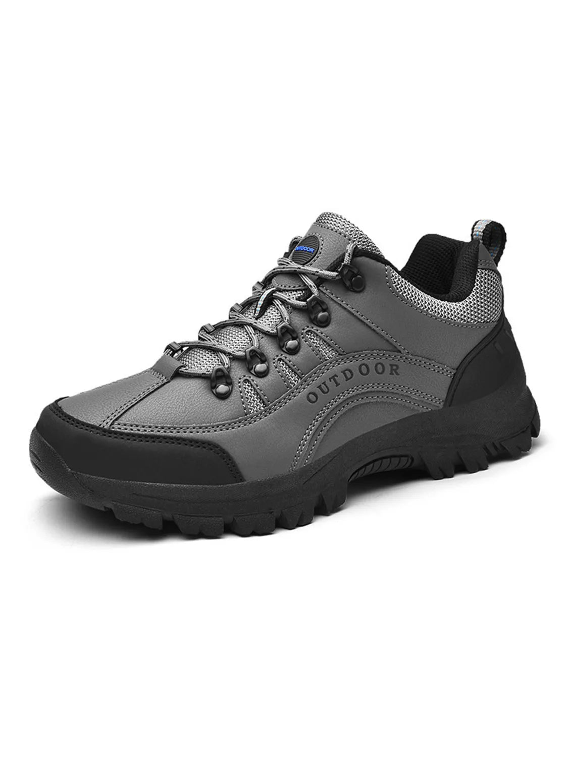 Grey and black low-top lace-up shoe shown against white