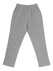 Gray drawstring pants with button front displayed flat