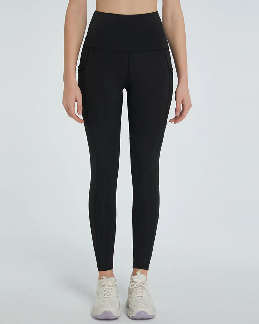 Black high-waisted leggings shown from the front