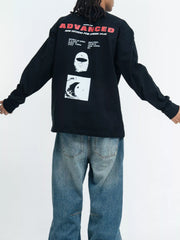 Black graphic long-sleeve shirt shown from the back with red lettering and stacked monochrome prints