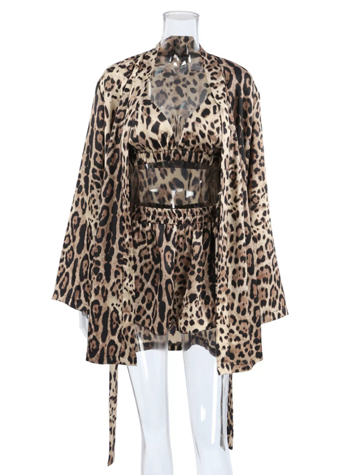 Leopard-print bra, shorts and long cardigan displayed on a mannequin