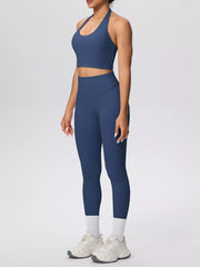 Front view of blue halter-neck crop top and leggings