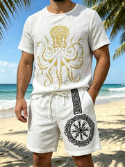 White tee and shorts set with a large octopus graphic and circular emblem on the shorts.
