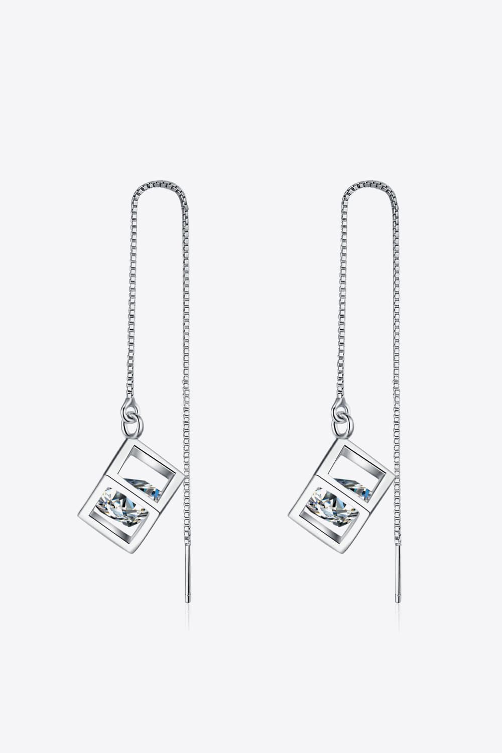 Silver-tone threader earrings hanging in loops with open square settings