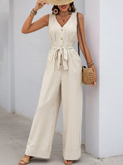 Full-length front view of striped jumpsuit