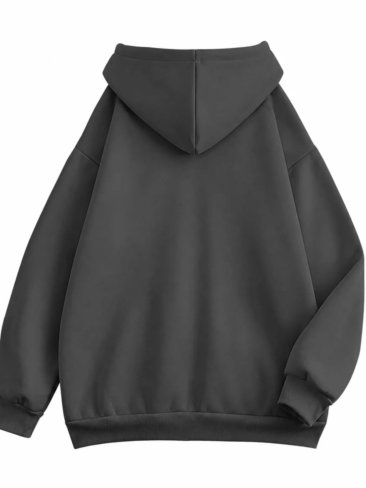 Back view of the charcoal hoodie with oversized hood and ribbed hem