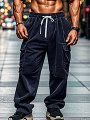 Navy corduroy cargo pants with drawstring waist and side pockets