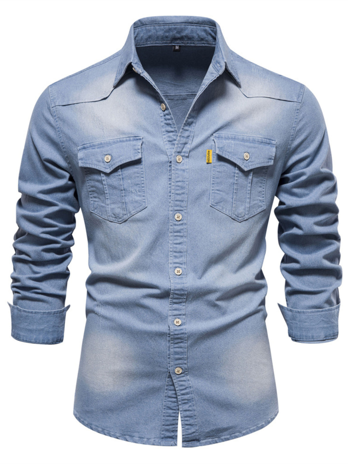 Men's plus size button-up cotton denim shirt with chest pocket, close-up