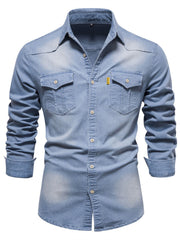 Men's plus size button-up cotton denim shirt with chest pocket, close-up