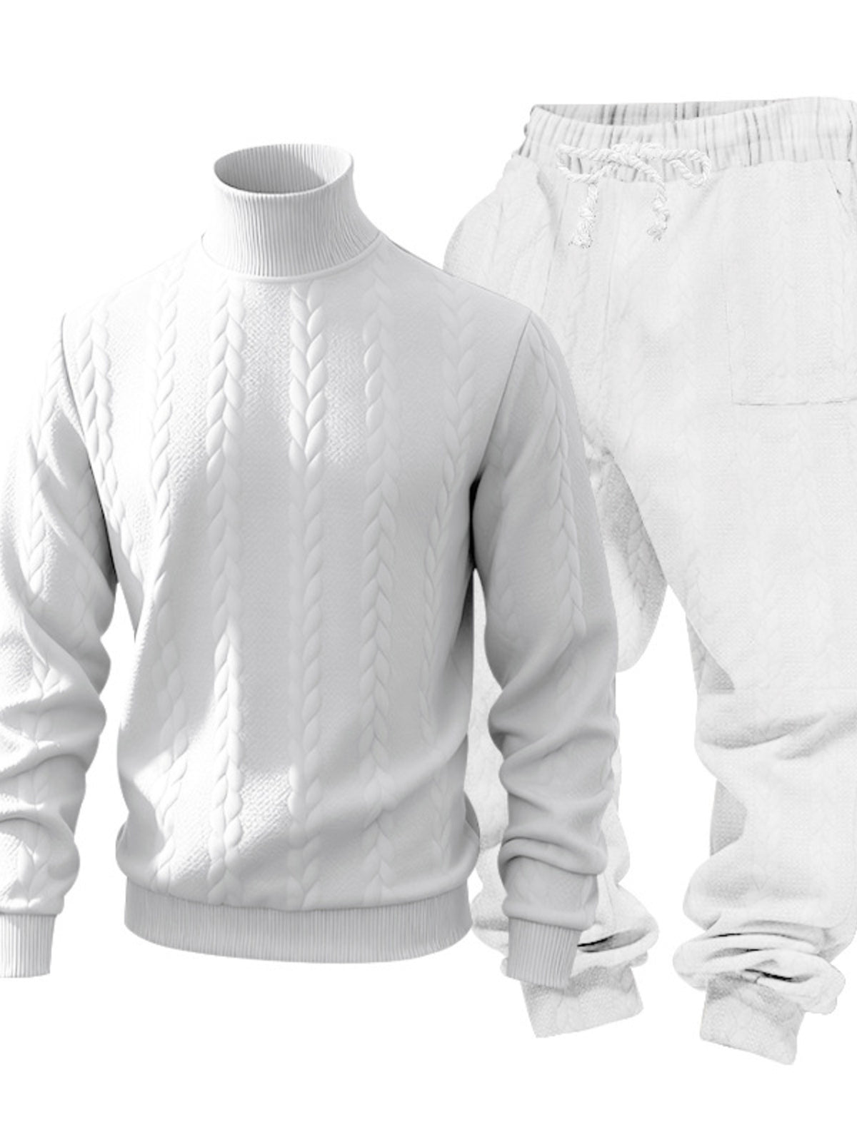 White cable-knit mock-neck sweater and drawstring joggers displayed flat from the front.