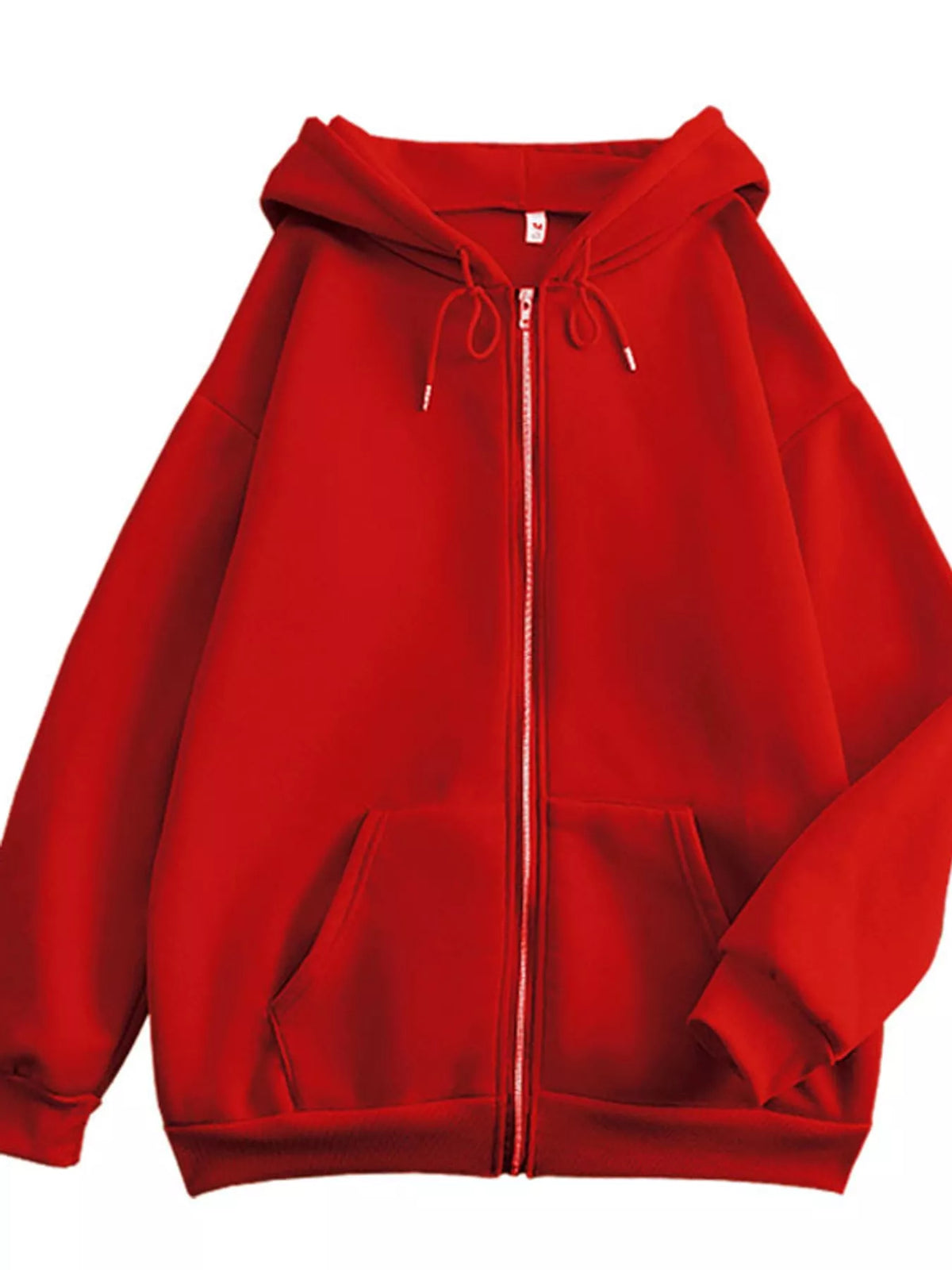 Front view of the red hoodie with drawstring hood and ribbed cuffs