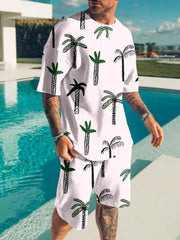 Model wearing white matching shirt and shorts with green palm tree print
