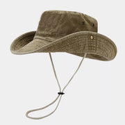 Deep khaki wide-brim sun hat shown from the side with chin cord