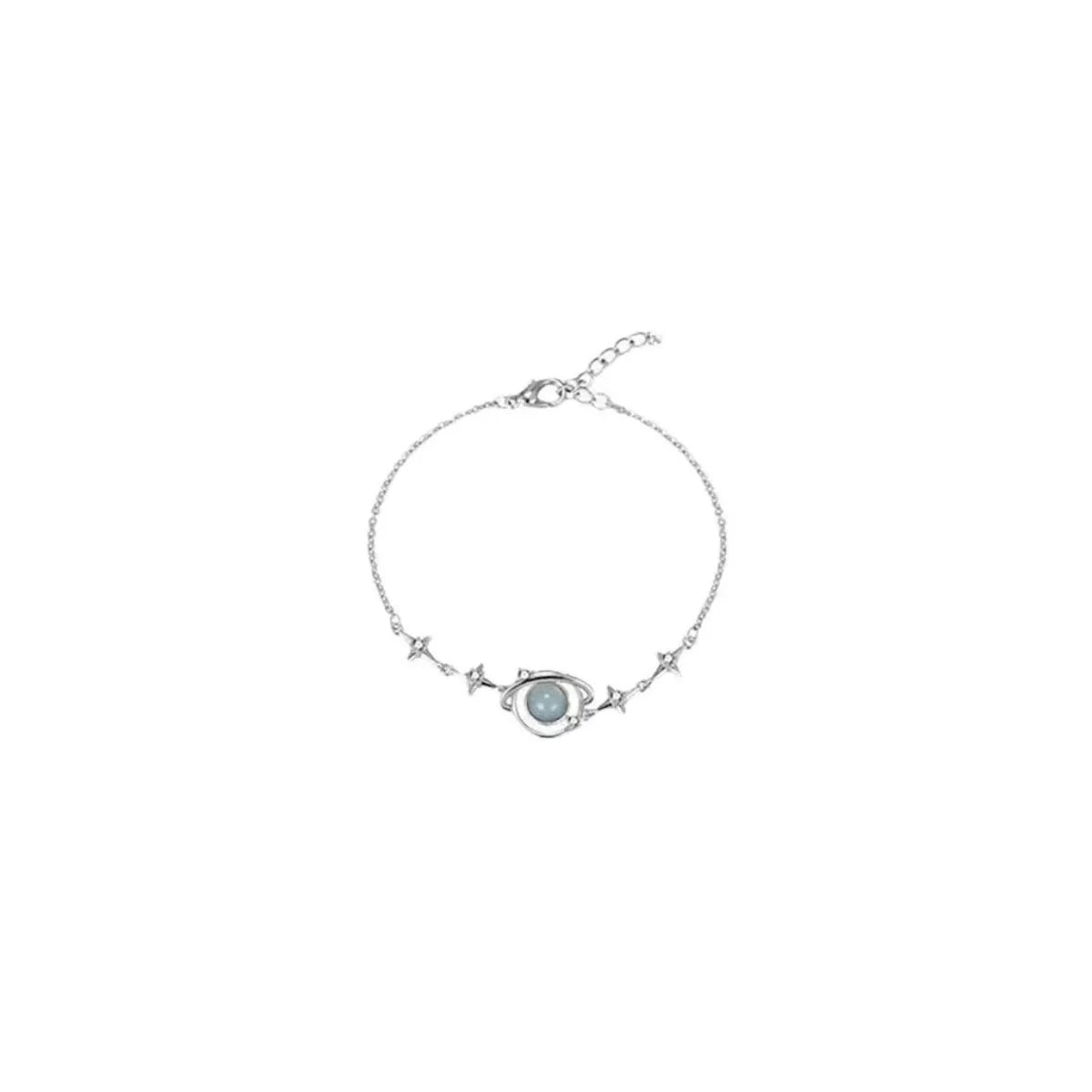 Full view of the silver bracelet and circular planet centerpiece