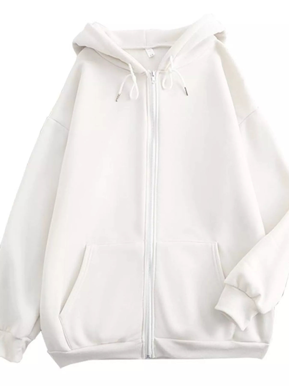 Front three-quarter view of the white oversized zip-up hoodie with drawstring hood and front pockets