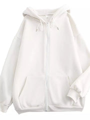 Front three-quarter view of the white oversized zip-up hoodie with drawstring hood and front pockets
