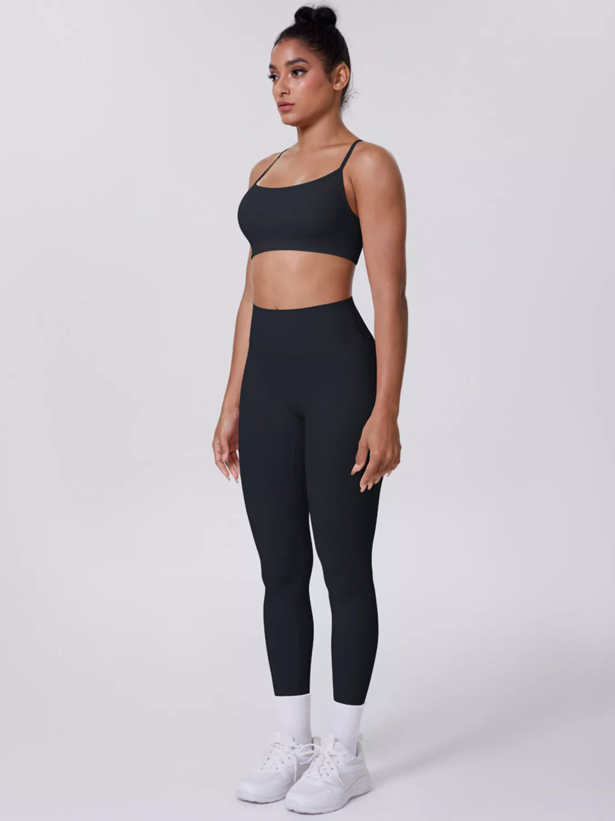 Alternate front view of criss-cross back cami and leggings active set