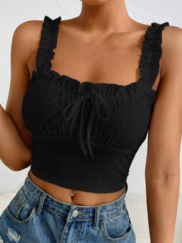 Black eyelet crop tank with ruffled straps and tied front