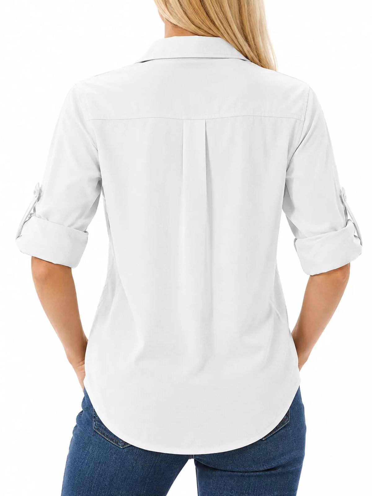 Back view of white button-down shirt with rolled sleeves