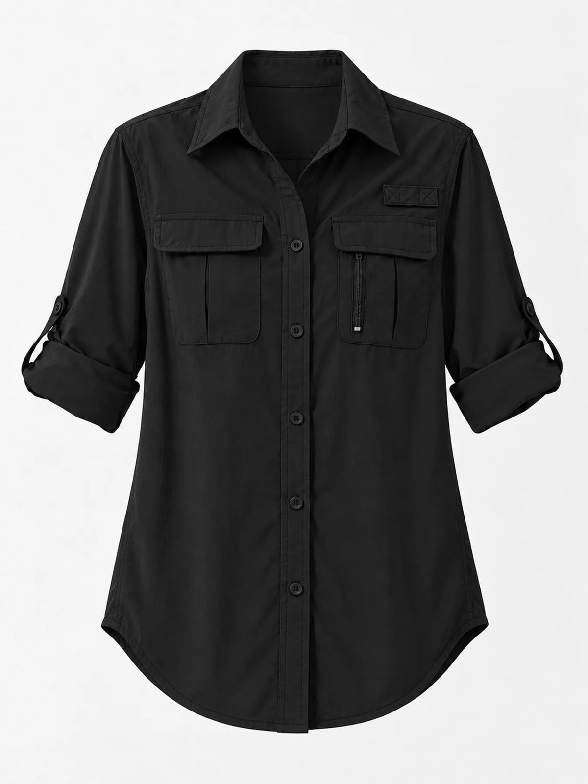Black button-down shirt laid flat with chest pockets and rolled sleeves