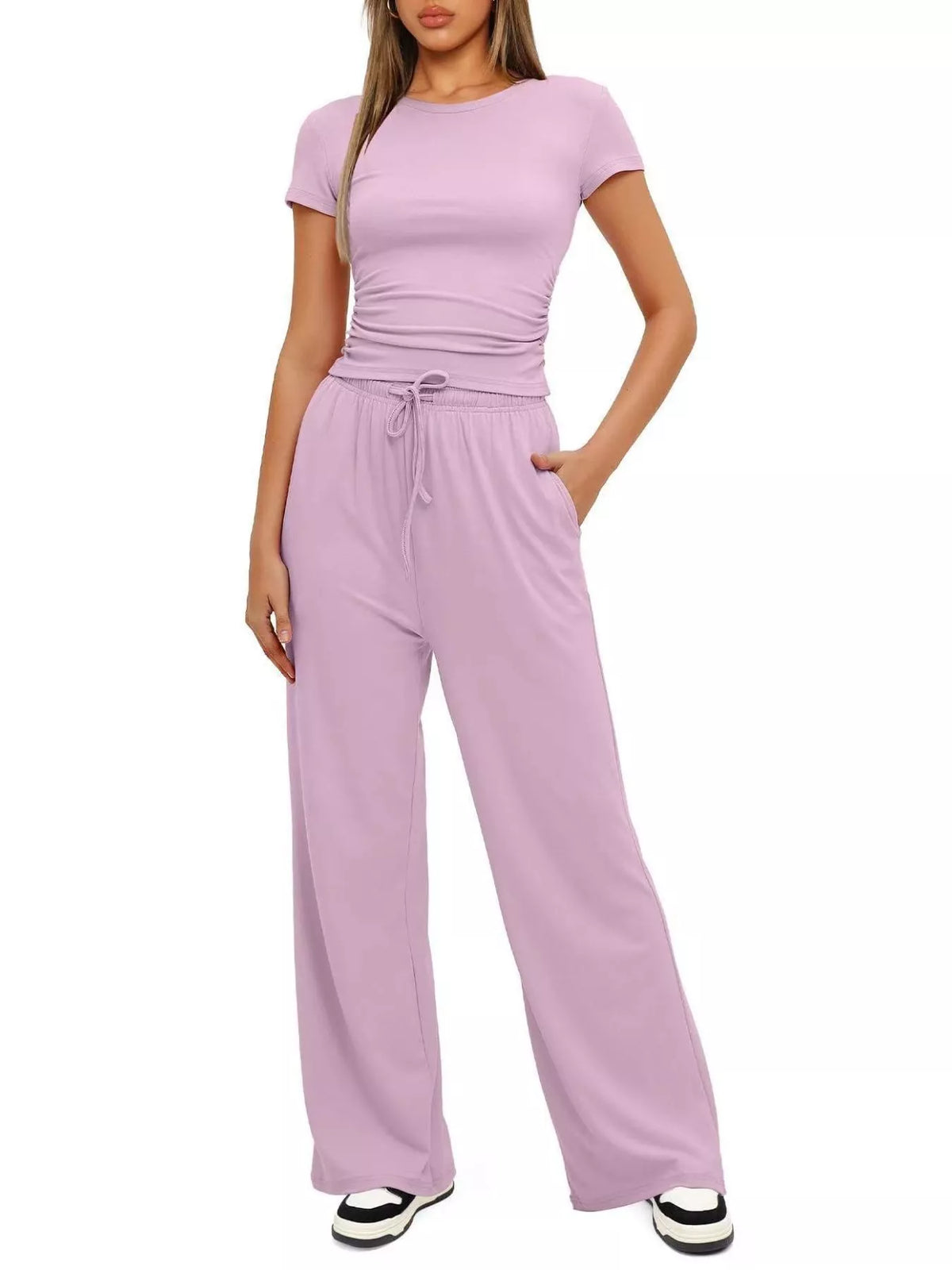 Front view of the lavender tank and matching wide-leg pants.