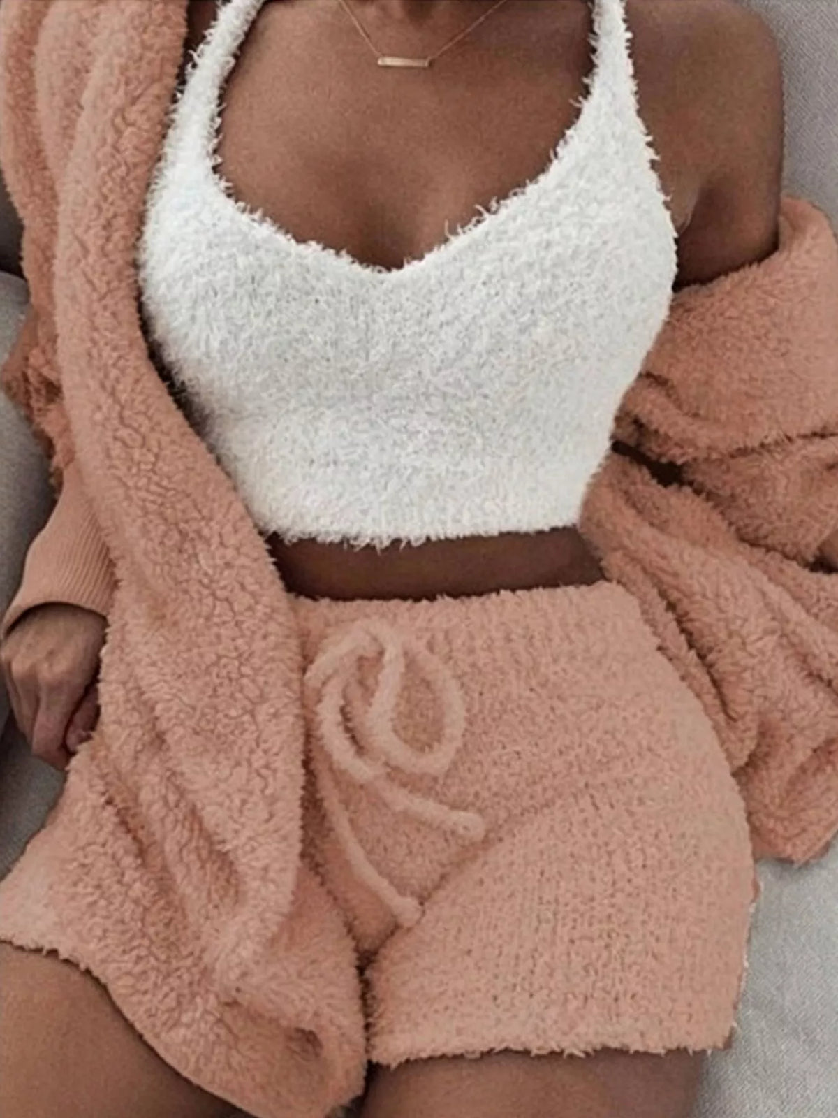Light gray fuzzy lounge set with crop top, cardigan and shorts