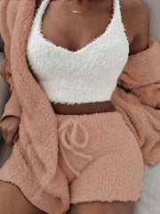 Light gray fuzzy lounge set with crop top, cardigan and shorts