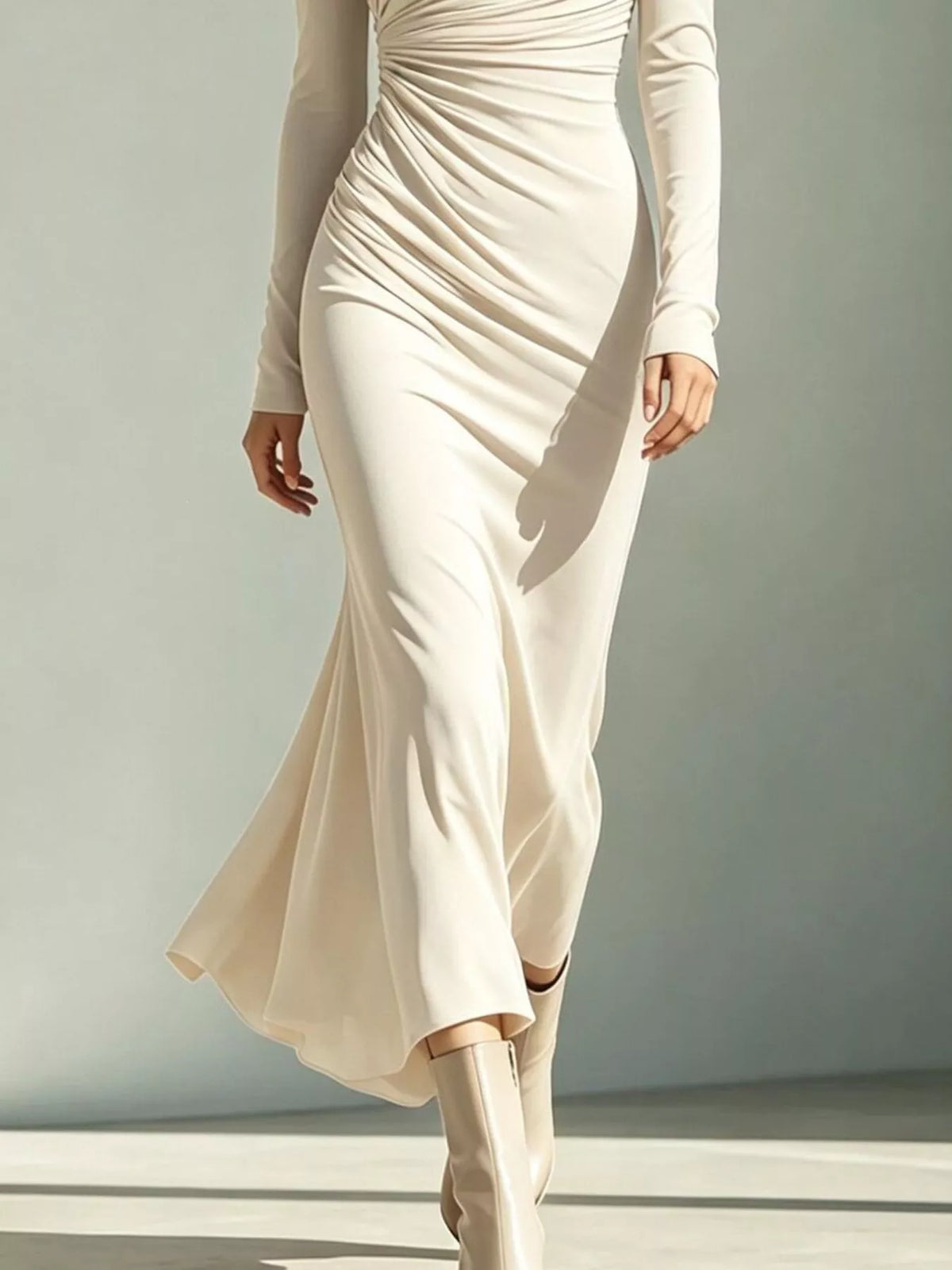 Lower view of the cream ruched dress showing its flared hem and matching boots.