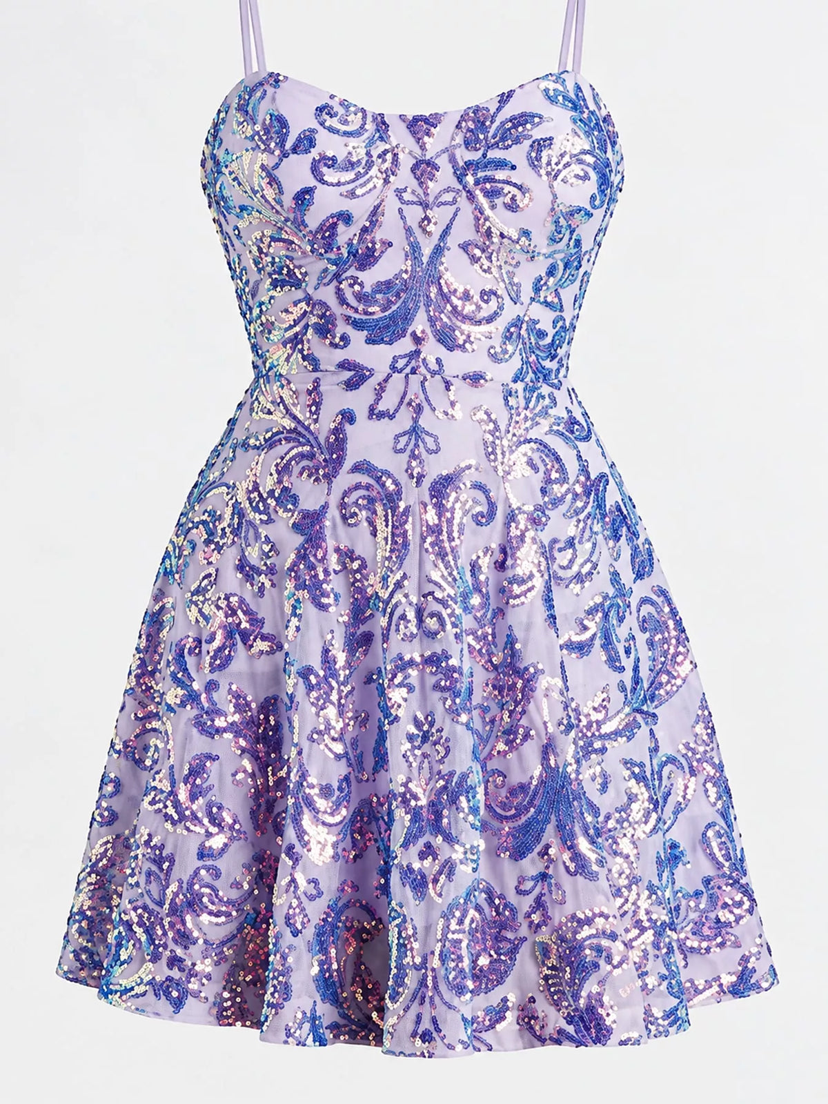 Lavender and blue sequin mini dress displayed alone, showing the fitted bodice and flared skirt.