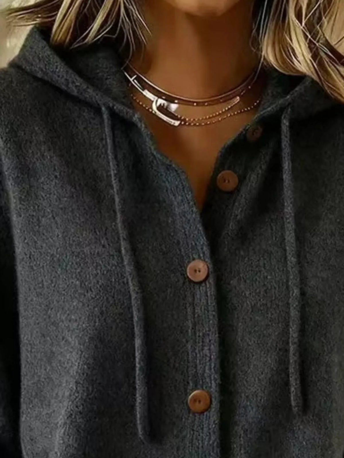 Charcoal gray hooded knit cardigan with brown buttons, front view