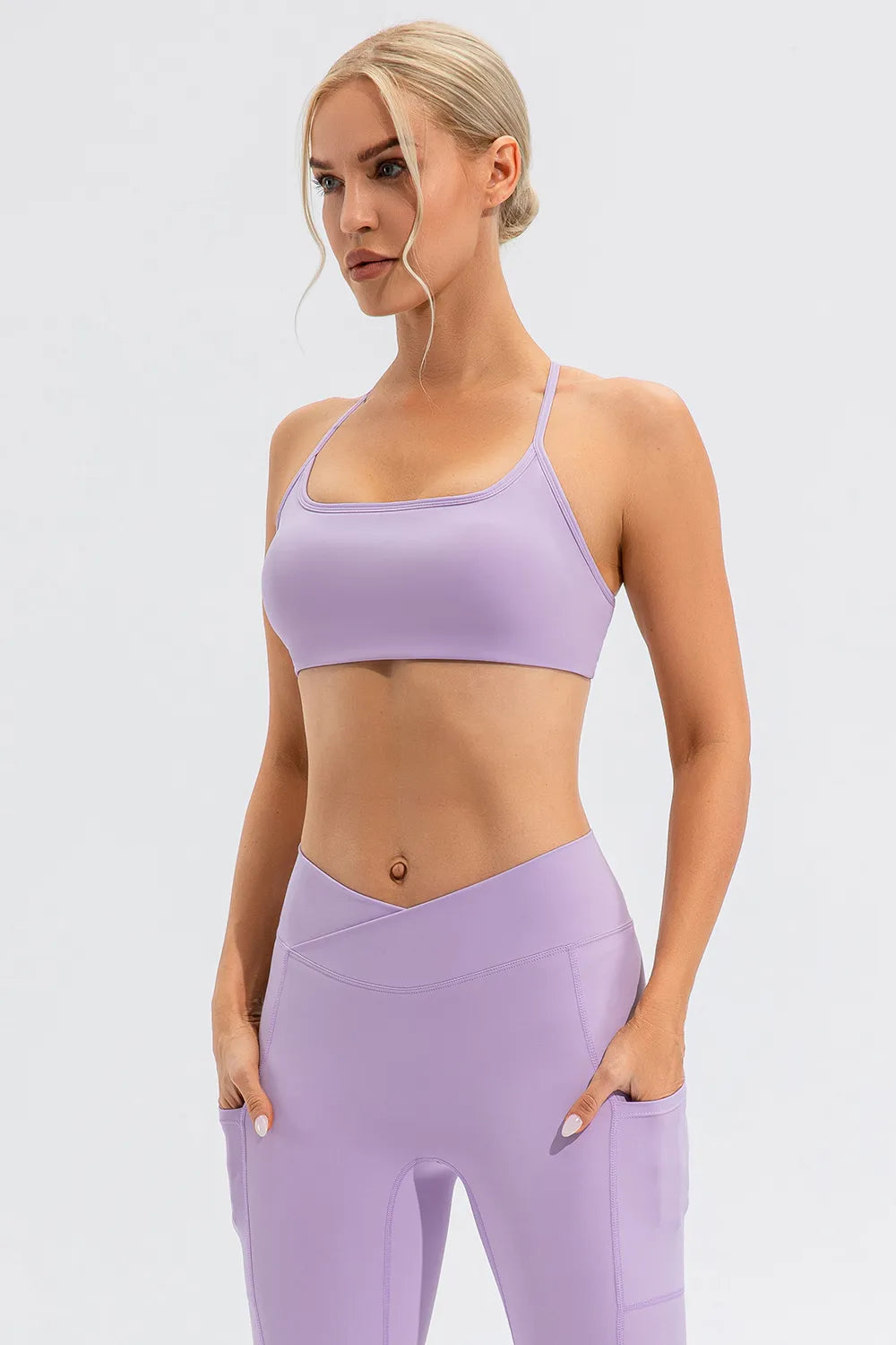 Lavender active cami with crisscross straps, front view