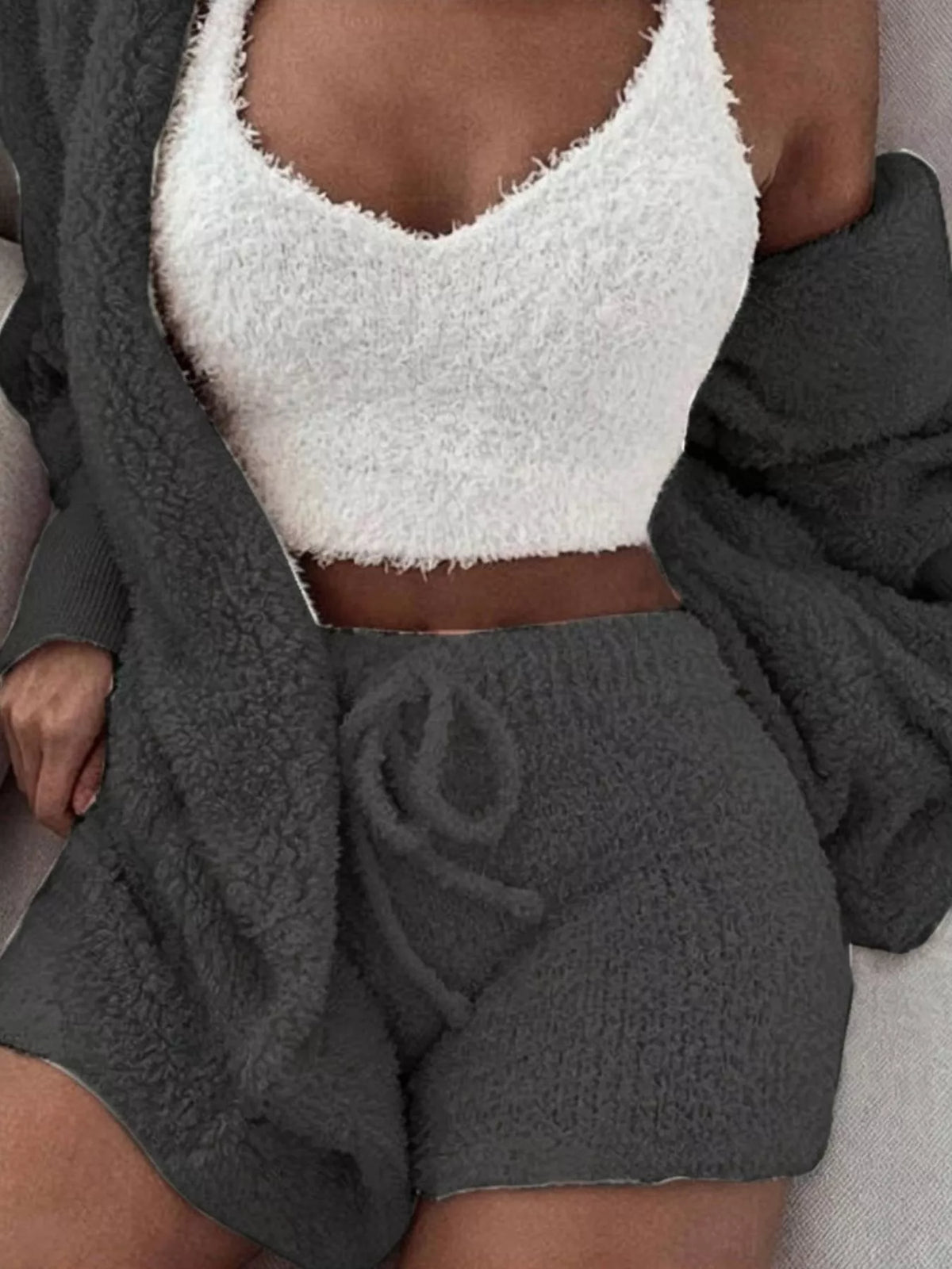 Black fuzzy lounge set with crop top, cardigan and shorts