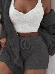 Black fuzzy lounge set with crop top, cardigan and shorts