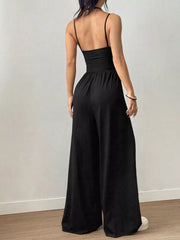 Women's spaghetti-strap wide-leg jumpsuit, black back view