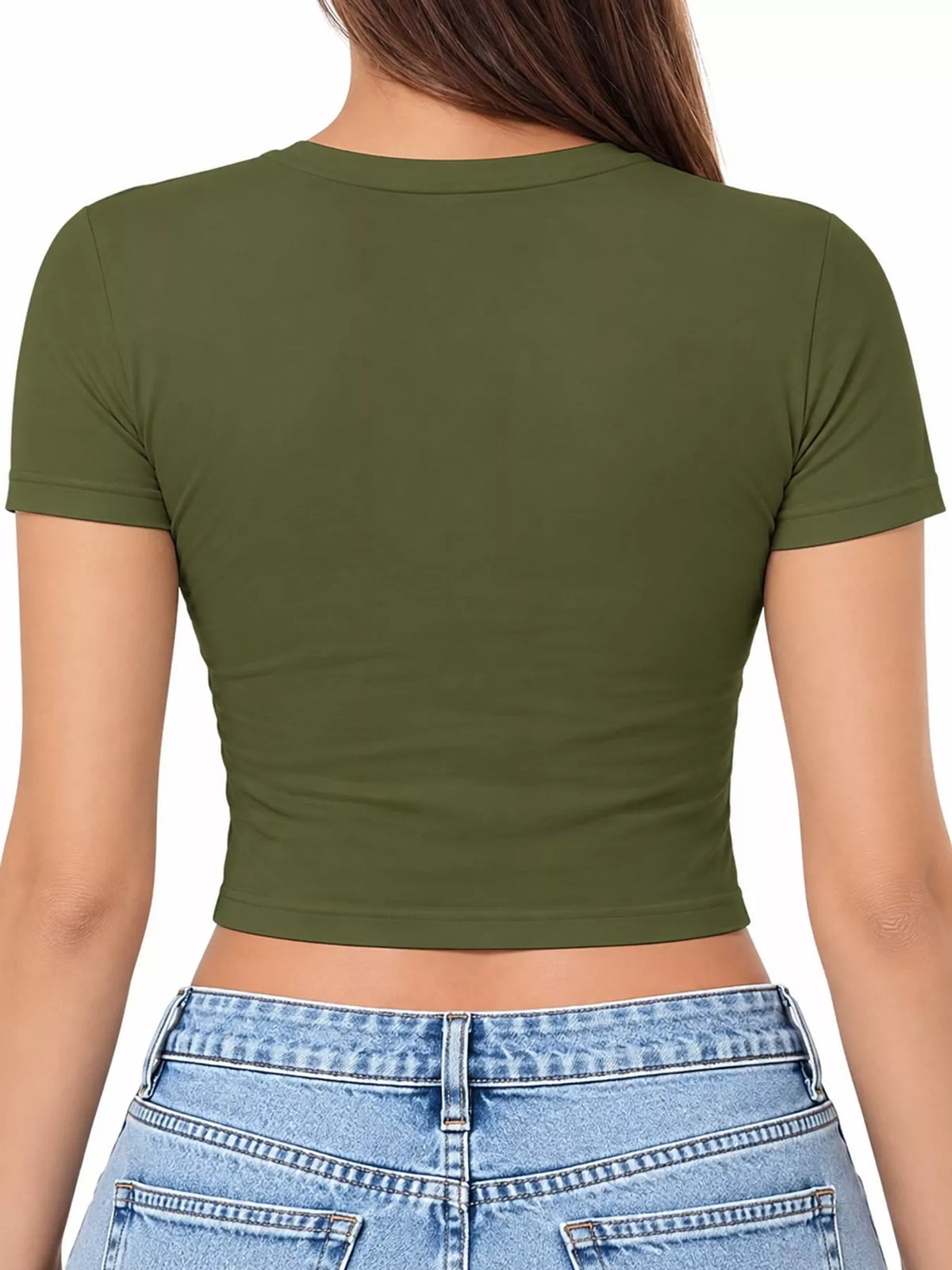 Back view of an olive green cropped crew-neck T-shirt on a model