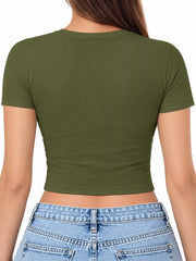 Back view of an olive green cropped crew-neck T-shirt on a model