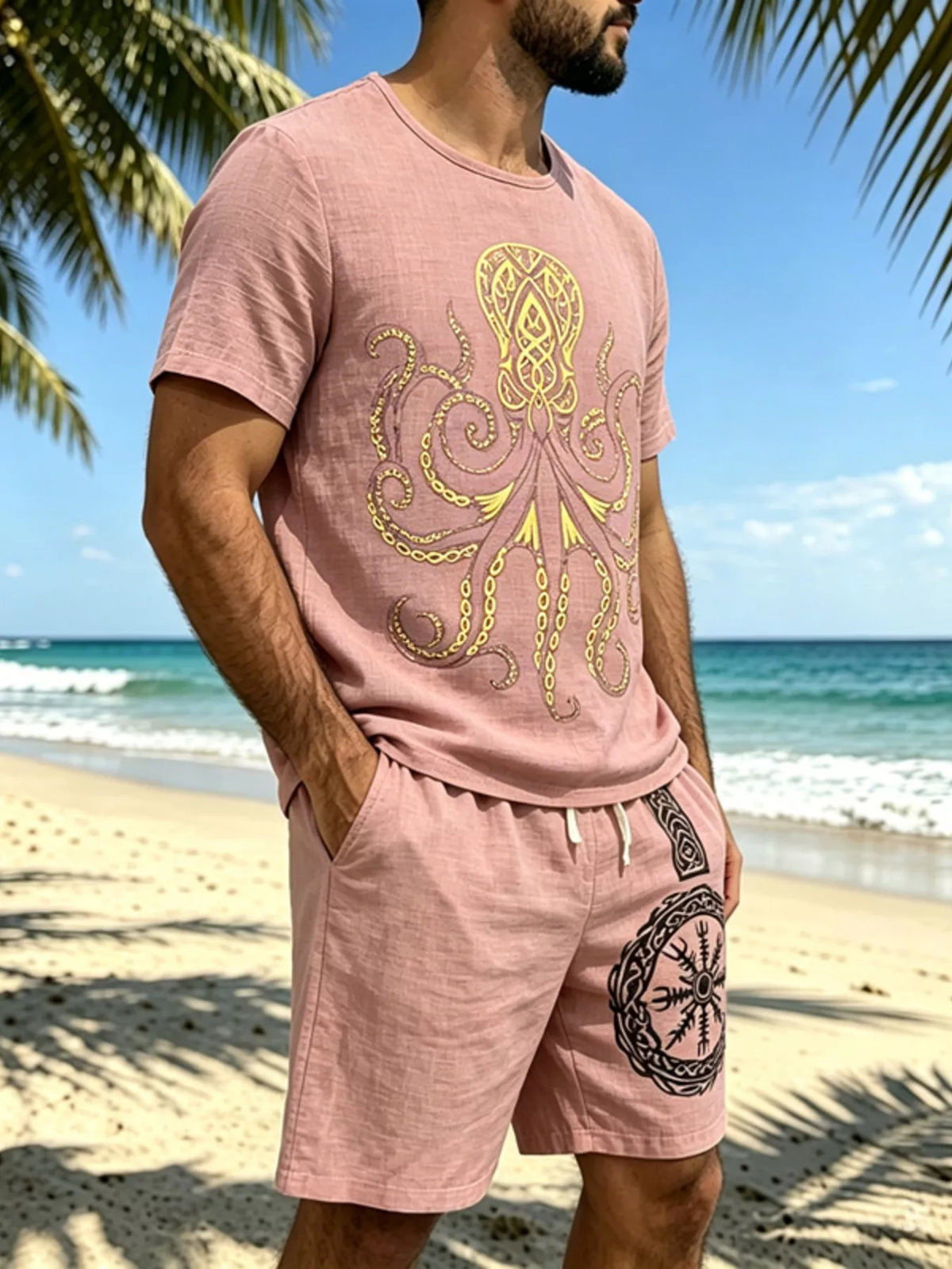 Pink tee and shorts set shown at an angle, with the octopus print and shorts emblem visible.